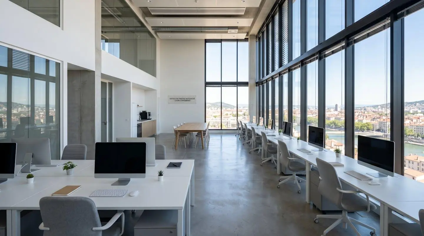 Bureau moderne minimaliste avec une grande fenêtre lumineuse, espace de travail épuré sans personne, atmosphère contemporaine