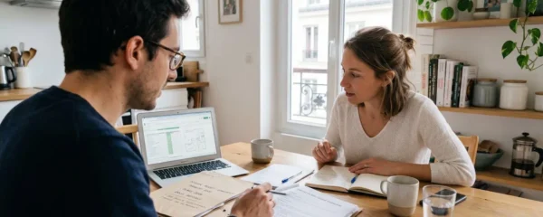 Un couple vu de dos consulte des documents financiers sur une table de cuisine moderne avec un ordinateur portable ouvert, lumière naturelle du matin