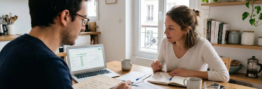 Un couple vu de dos consulte des documents financiers sur une table de cuisine moderne avec un ordinateur portable ouvert, lumière naturelle du matin