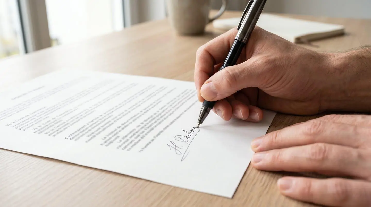 Gros plan sur des mains en train de signer un document avec un stylo sur un bureau moderne, faible profondeur de champ avec arrière-plan flouté
